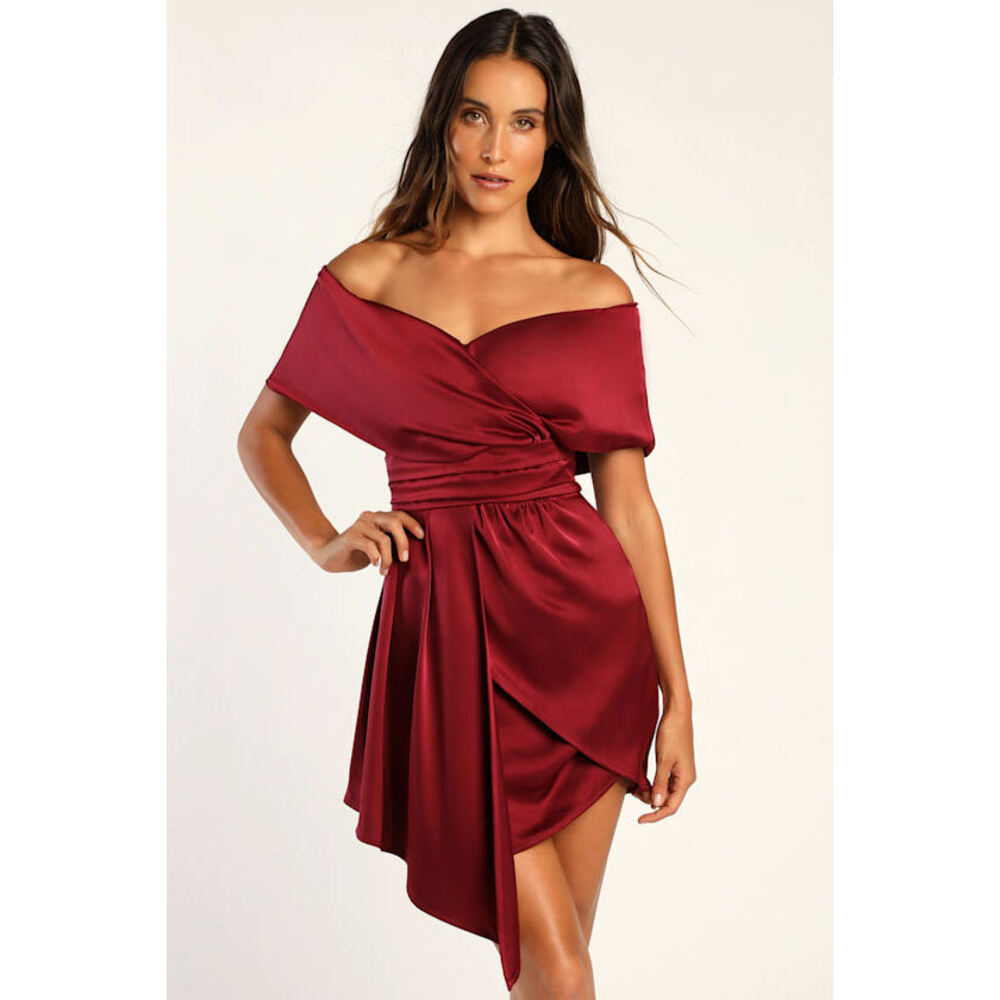 Lulus Always Celebrating Burgundy Satin Off-the-shoulder Mini Dress Red - Size L